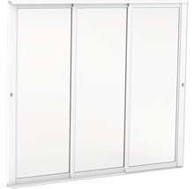 Tredelad vit skjutdörr för garderober eller som rumsavdelare, med smal vit ram.