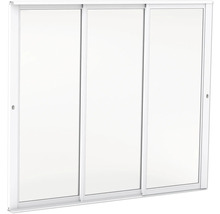 Tredelat skjutdörrssystem med vit ram och vita paneler för garderober eller nischer.