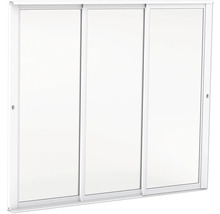 Skjutdörrssystem med tre dörrar för garderober med vit ram och vita paneler.