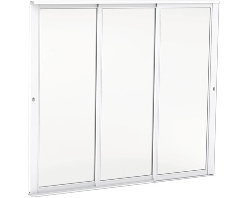 Tredelat skjutdörrssystem med vit ram och vita paneler för garderober eller nischer.