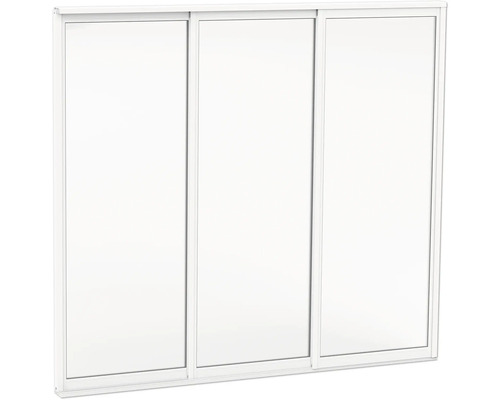 Vit skjutdörrsfront för garderober med tre dörrar och ram.