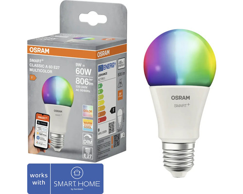 Osram Smart Plus Classic A 60 E27 multicolor LED-lampa och förpackning