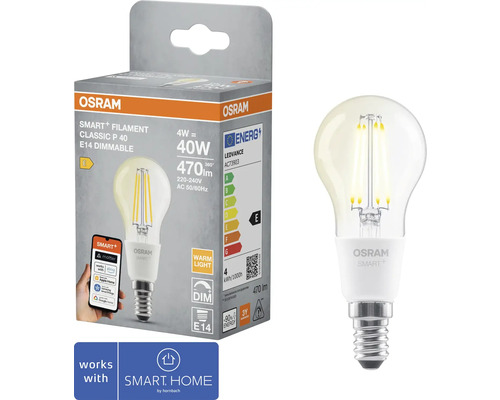 Osram Smart+ Filament Classic P 40 E14 dimbar lampa och förpackning
