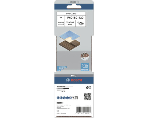 Bosch Pro X440 slipband, korn P60, P80 och P120, 75x508 millimeter
