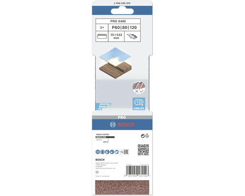 Bosch PRO X440 slipbandset, korn P60, P80 och P120, storlek 75 x 533 millimeter