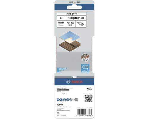 Bosch PRO X440 slipbandset, kornstorlek P60, P80 och P120, storlek 75 x 457 millimeter