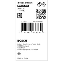Bosch Expert, Bosch Pro, Bosch 100 procent, Europeisk överensstämmelsemärkning, Pappersåtervinningssymbol, Streckkod, QR-kod, Bosch företagsinformation, Tillverkad i Kina