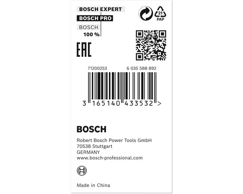 Bosch Expert, Bosch Pro, Bosch 100 procent, Europeisk överensstämmelsemärkning, Pappersåtervinningssymbol, Streckkod, QR-kod, Bosch företagsinformation, Tillverkad i Kina