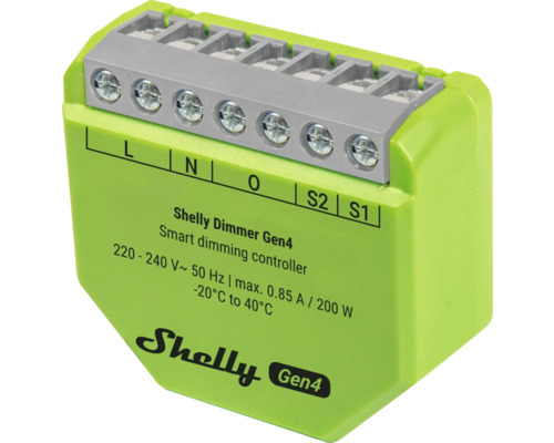 Shelly Dimmer Gen4 smart dimmerkontroller för ljusstyrning i hemautomation med skruvplintar.