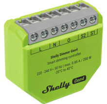 Shelly Dimmer Gen4, grön smart dimmerkontroll i plast, 220 till 240 Volt, 200 Watt, anslutningar L, N, O, S2, S1.