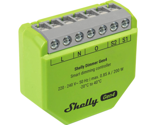 Shelly Dimmer Gen4, grön smart dimmerkontroll i plast, 220 till 240 Volt, 200 Watt, anslutningar L, N, O, S2, S1.