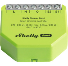 Shelly Dimmer Gen4 smart dimmer med max 200 Watt effekt och anslutningsplintar.