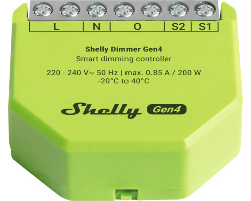 Shelly Dimmer Gen4 smart dimmer med max 200 Watt effekt och anslutningsplintar.