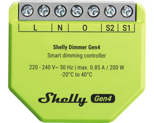 Shelly Dimmer Gen4 smart dimmerkontroller för 220 till 240 Volt och maximalt 200 Watt med skruvterminaler.