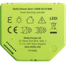 Shelly Dimmer Gen4 smart dimmerstyrenhet med modellnummer S4DM-0A101WWL och tekniska symboler.
