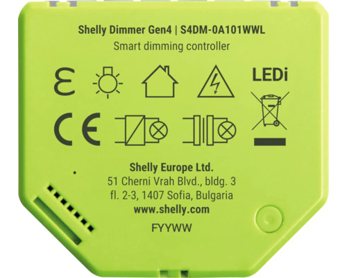 Shelly Dimmer Gen4 smart dimmerstyrenhet med modellnummer S4DM-0A101WWL och tekniska symboler.