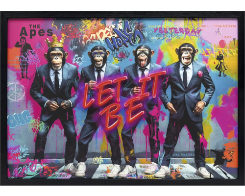 Inramad väggbild med fyra apor i kostymer mot en graffitibakgrund