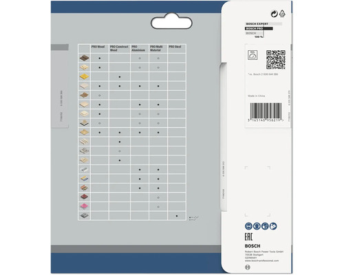 Bosch Expert Bosch Pro produktförpackning med materialöversikt och logotyper