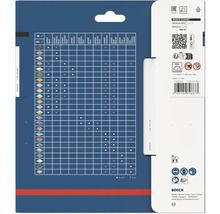 Baksidan av en Bosch-förpackning med materialtabell för cirkelsågblad, Bosch Logo, återvinnings- och säkerhetssymboler.