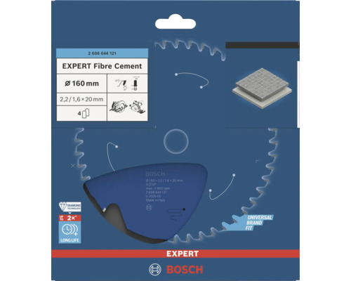 Bosch cirkelsågklinga Expert Fibre Cement, diameter 160 millimeter, borrhål 20 millimeter, 4 tänder, för fibercement.