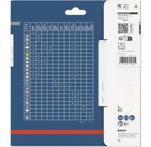 Baksidan av Bosch Expert cirkelsågbladsförpackning med materialtabell, säkerhetssymboler för skyddsutrustning och Bosch Logo.