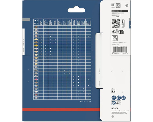 Baksidan av Bosch Expert cirkelsågbladsförpackning med materialtabell, säkerhetssymboler för skyddsutrustning och Bosch Logo.