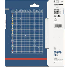 Baksida av Bosch Expert-förpackning med materialkompatibilitetstabell, säkerhetssymboler och Bosch Logo.