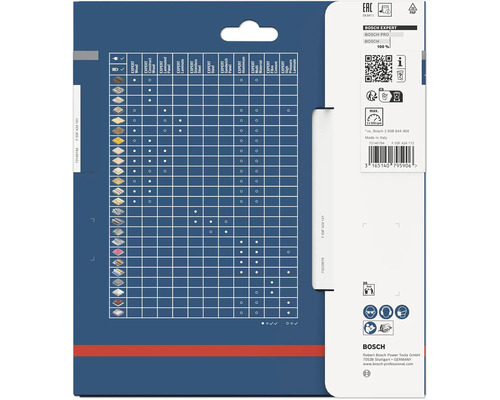 Baksida av Bosch Expert-förpackning med materialkompatibilitetstabell, säkerhetssymboler och Bosch Logo.