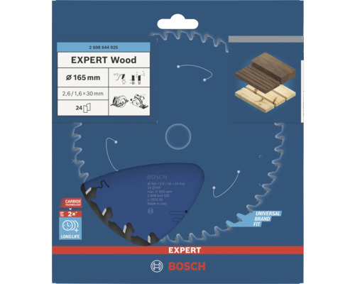 Bosch EXPERT Wood cirkelsågklinga, diameter 165 millimeter, 24 tänder, centrumhål 30 millimeter, Carbide Technology, Bosch Logo.