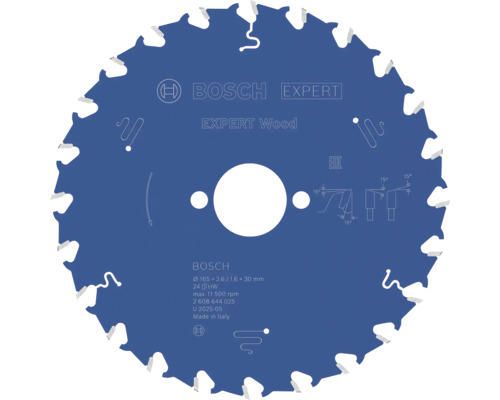 Blått Bosch cirkelsågblad Expert for Wood, diameter 165 millimeter, centrumhål 30 millimeter, 24 tänder.