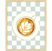 Målning av en kopp kaffe med hjärtdesign i träram