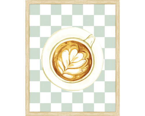 Målning av en kopp kaffe med hjärtdesign i träram