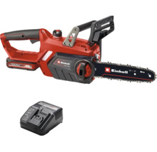 Röd Einhell batteridriven kedjesåg med 25 centimeter svärdlängd, inklusive laddare och batteri.