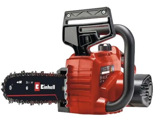 Einhell batteridriven motorsåg med svärd och sågkedja.