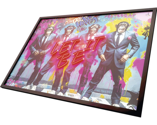 Inramad bild med fyra apor i kostymer och inskriptionen Let It Be