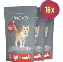 Tre förpackningar Finevo kattmat med kyckling och laxolja, 16-pack