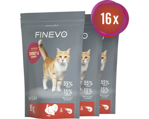 Finevo kattmat med kalkon och räkor, 16-pack