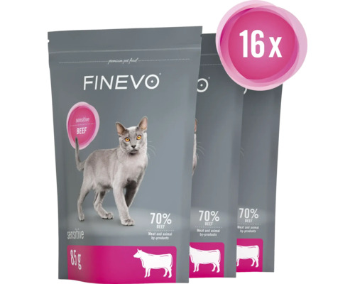 Tre förpackningar Finevo Sensitive nötkött kattmat, 85 gram, 16-pack