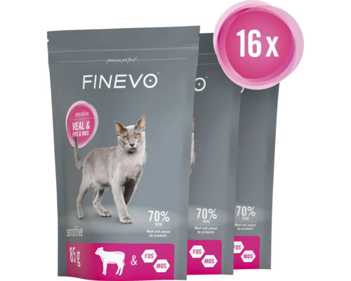 Tre förpackningar Finevo kattmat med kalv och tillsatser, 16 stycken
