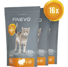 Tre förpackningar Finevo kattmat med kalkon och ris, 16-pack