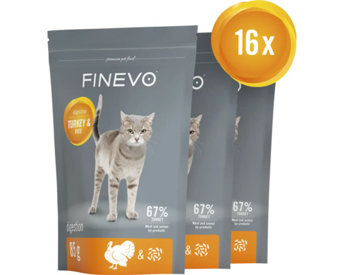Tre förpackningar Finevo kattmat med kalkon och ris, 16-pack