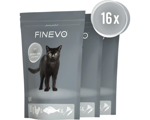Finevo kattfoder light med kyckling, fisk och grönsaker, 16 stycken portionspåsar om 85 gram