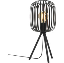 Svart bordslampa med lampskärm i burform och stativfot