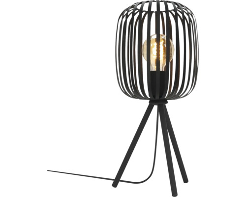 Svart bordslampa med lampskärm i burform och stativfot
