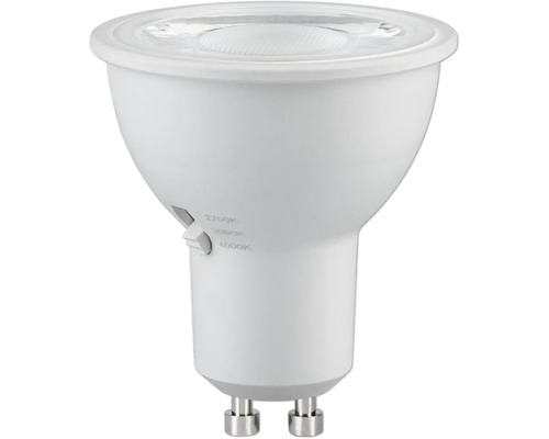 Vit LED-reflektorlampa GU10 med sidoströmbrytare för att välja färgtemperatur mellan 2700, 3000 och 4000 Kelvin.