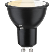 LED-reflektorlampa med GU10-sockel, svart hölje och omkopplare för färgtemperaturer på 2700, 3000 och 4000 Kelvin.