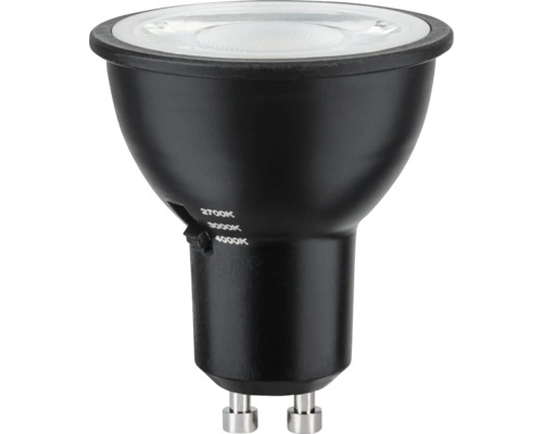 Svart LED-lampa GU10 med strömbrytare för färgtemperaturer 2700 kelvin, 3000 kelvin och 4000 kelvin.
