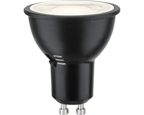 LED-lampa GU10 i svart med omkopplare för färgtemperatur 2700 Kelvin, 3000 Kelvin och 4000 Kelvin.