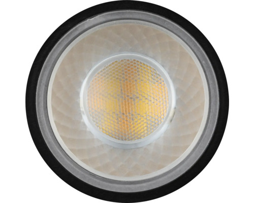 LED-reflektorlampa i framifrånvy med bikakestruktur och svart kant.