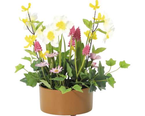 Blomsterarrangemang med olika konstgjorda blommor i en kruka